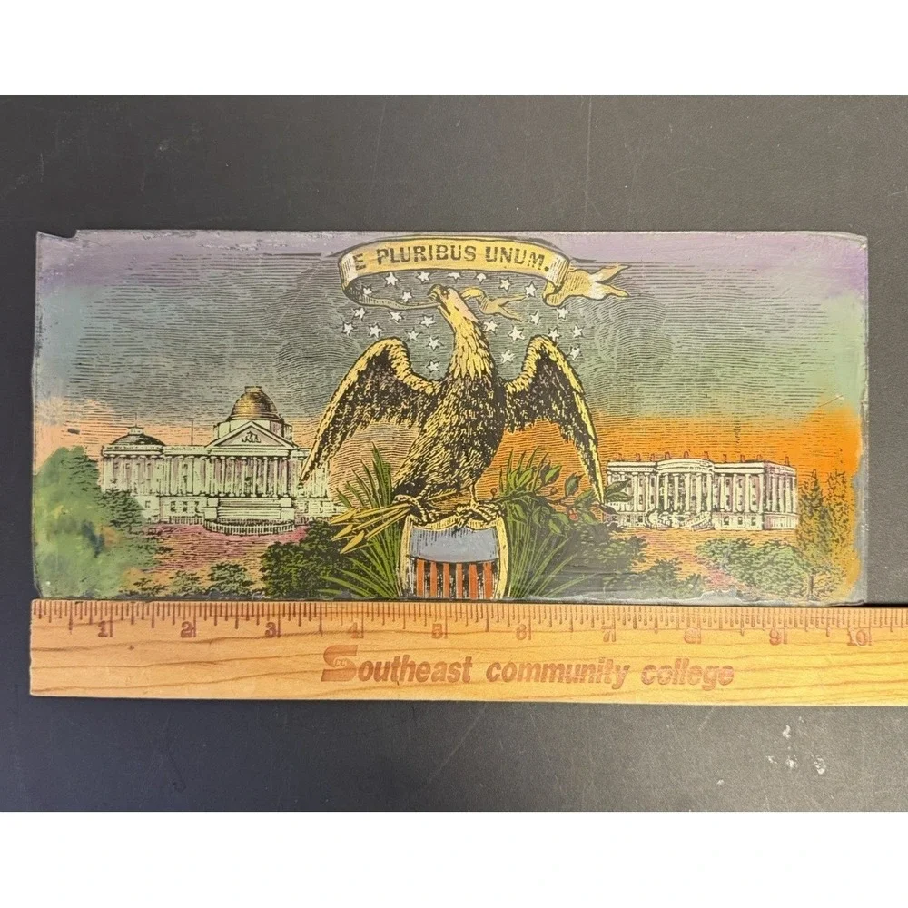 Old Reverse‎ Painted Clock Glass Tablet E. Pluribus Unum Banner Eagle 10x4.5